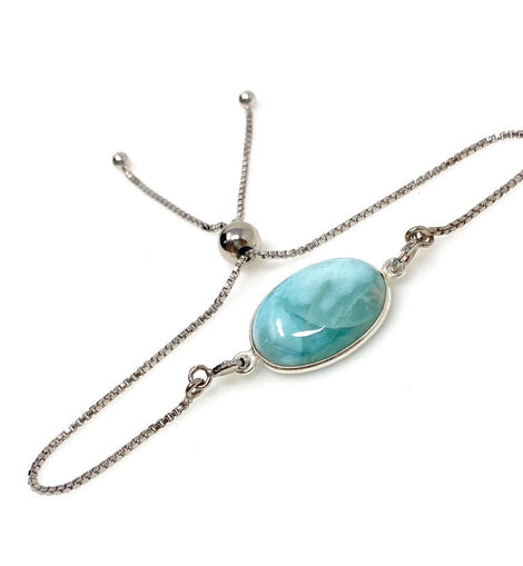 Larimar Gemstone Bracelet, Sterling Silver Adjustable Bolo Bracelet,