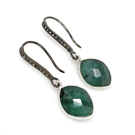 Genuine Emerald Earrings, Pave Diamond Earrings, Sterling Silver