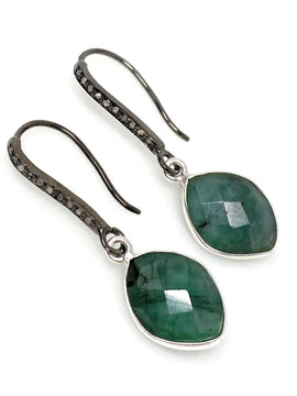 Genuine Emerald Earrings, Pave Diamond Earrings, Sterling Silver