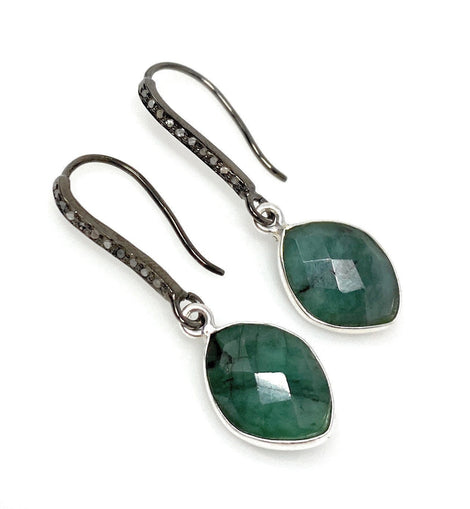 Genuine Emerald Earrings, Pave Diamond Earrings, Sterling Silver