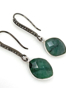 Genuine Emerald Earrings, Pave Diamond Earrings, Sterling Silver