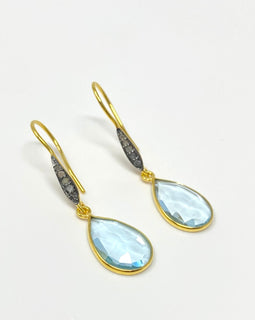 Genuine Sky Blue Topaz Pave Diamond Earrings, 14K Gold Plated Sterling